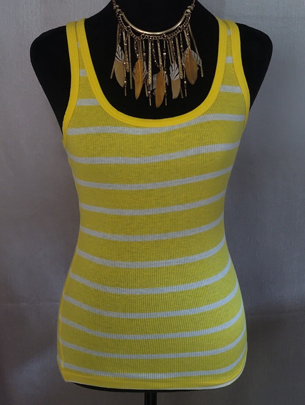 Yellow & White Striped Ribbed Tank Top